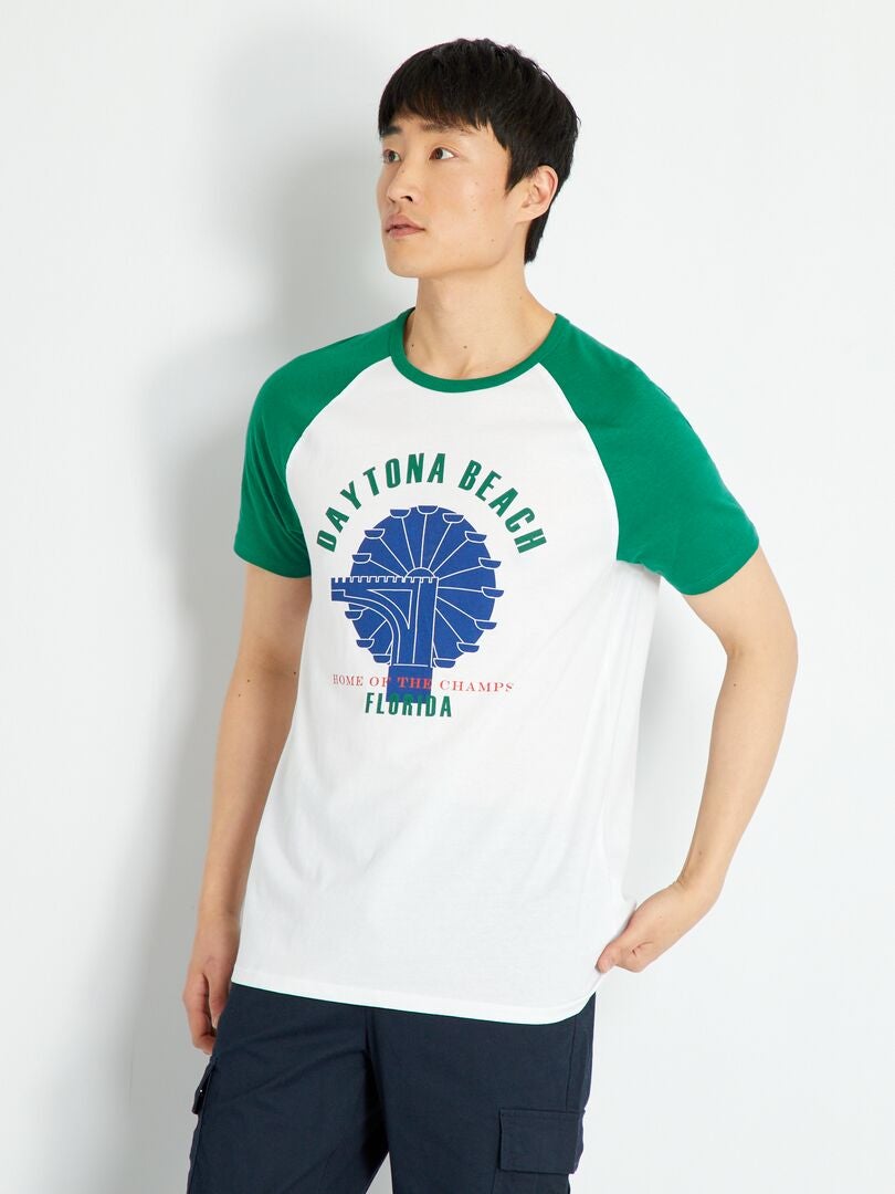 T-shirt en coton à manches courtes Blanc/vert - Kiabi