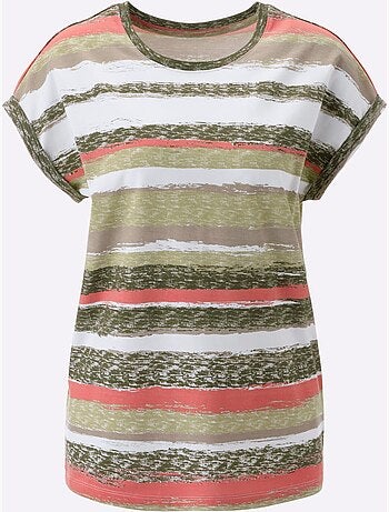 T-shirt en coton à rayures et encolure ronde avec mancherons - Taille standard - Moda Vilona