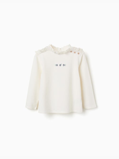 T-shirt en coton à manches longues avec fleurs brodées - Kiabi