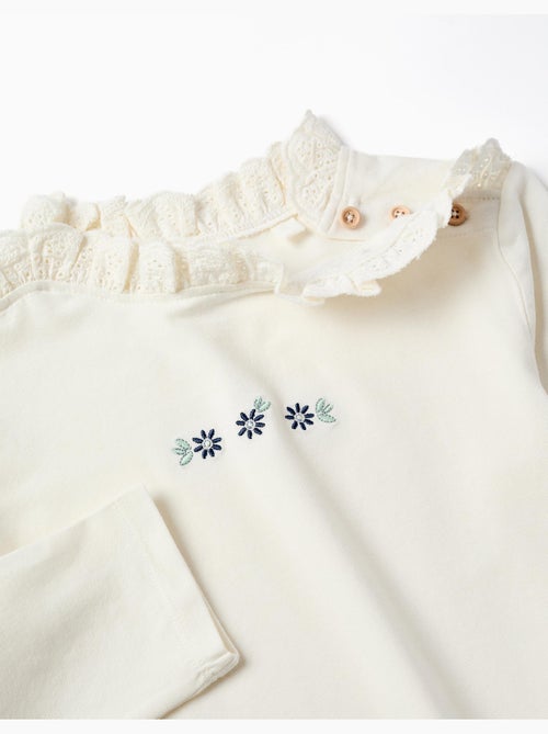 T-shirt en coton à manches longues avec fleurs brodées - Kiabi