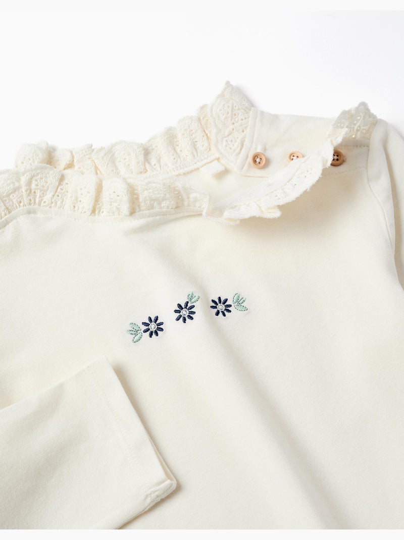 T-shirt en coton à manches longues avec fleurs brodées Blanc - Kiabi