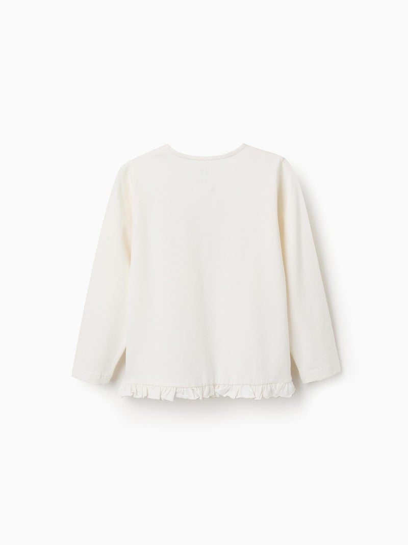 T-shirt en coton à manches longues avec imprimé et ourlet volanté Blanc - Kiabi