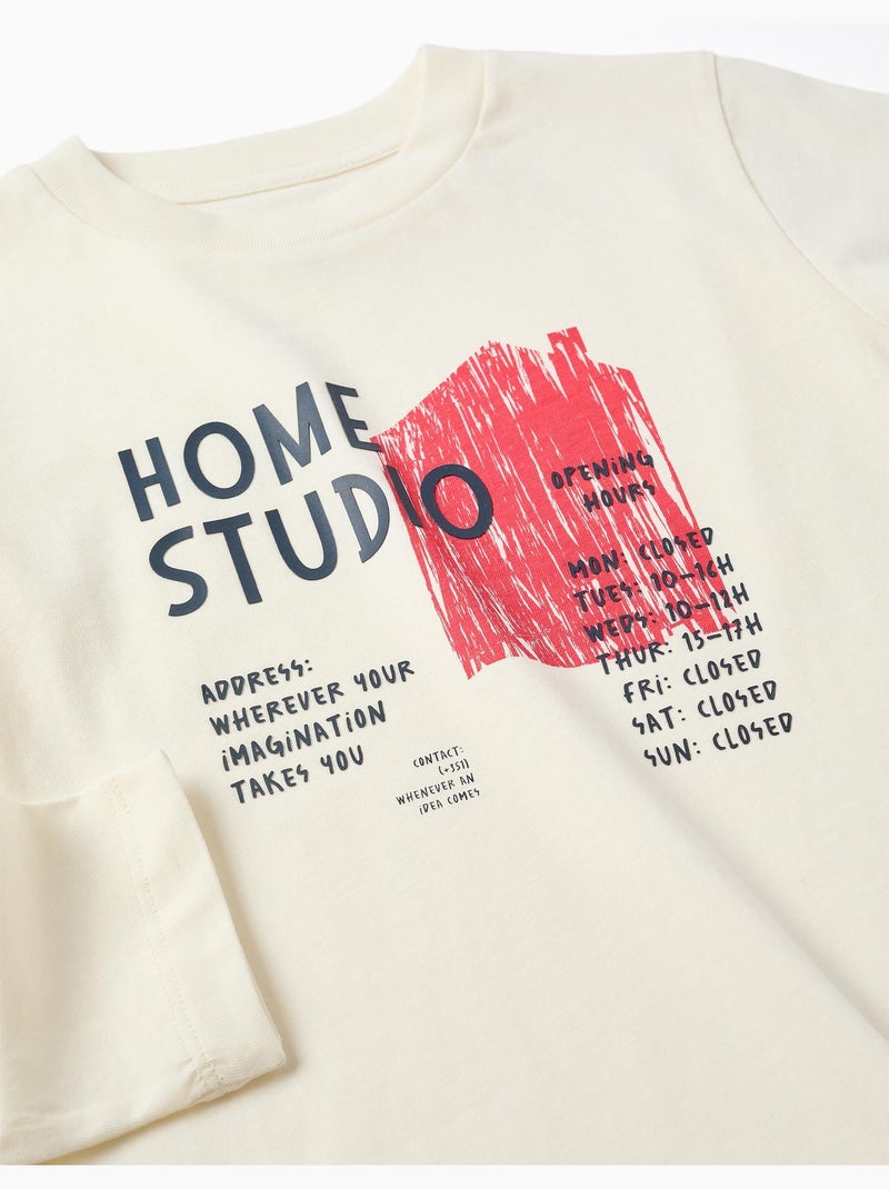 T-shirt en coton à manches longues avec imprimé home studio Blanc - Kiabi