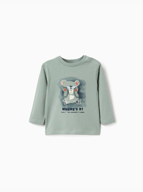 T-shirt en coton à manches longues avec imprimé ours - Kiabi
