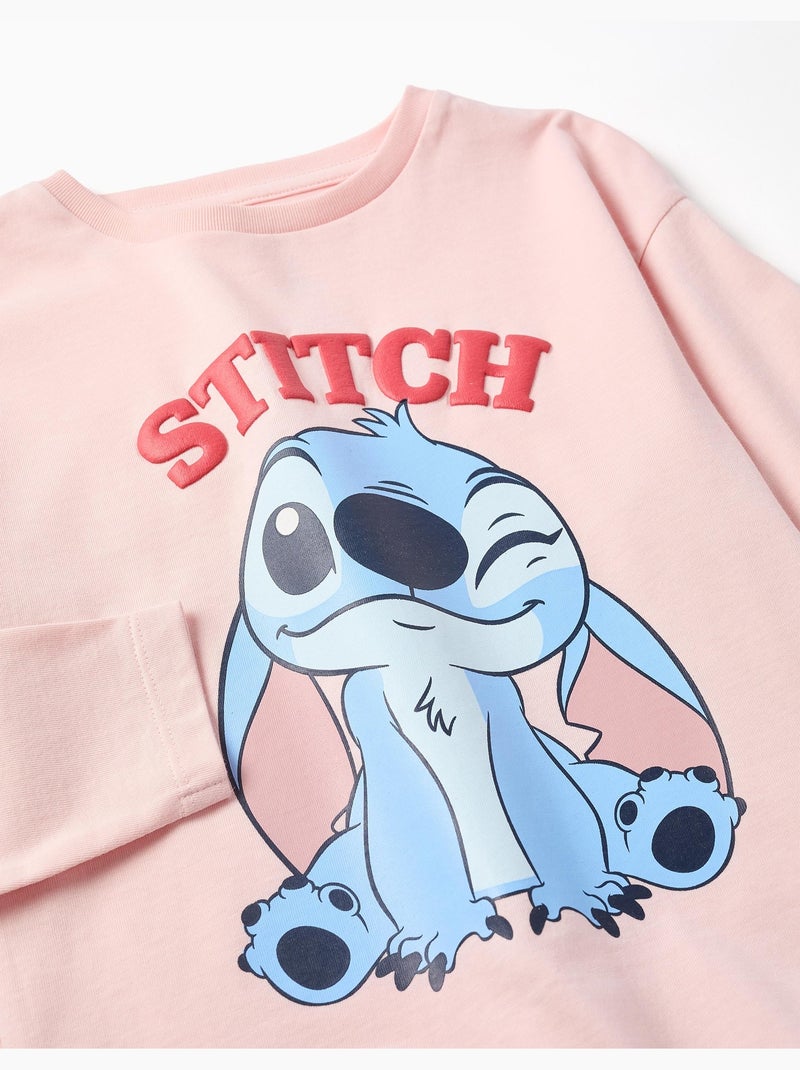 T-shirt en coton à manches longues avec imprimé stitch Rose - Kiabi