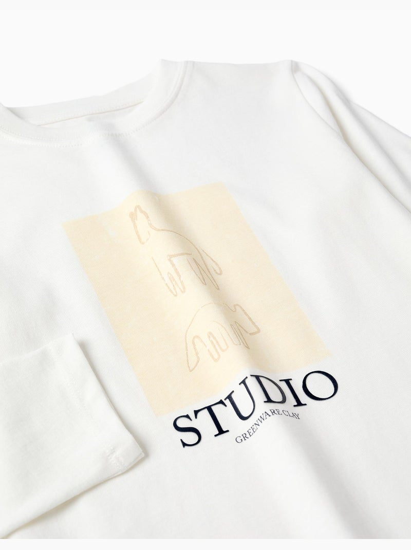 T-shirt en coton à manches longues avec imprimé studio Blanc - Kiabi