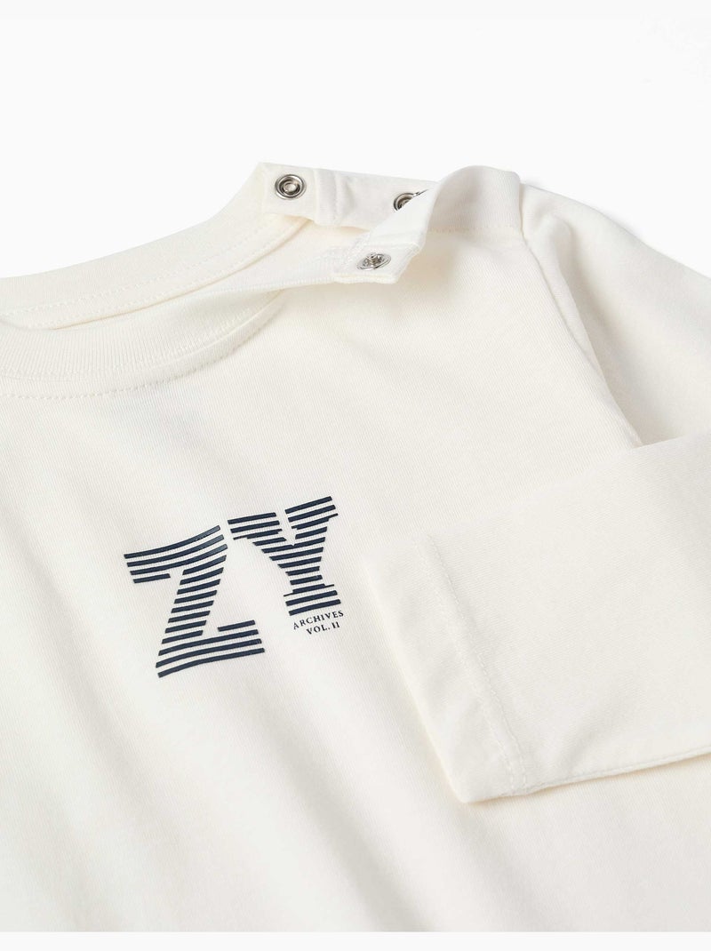 T-shirt en coton à manches longues avec imprimé ZY en relief Blanc - Kiabi