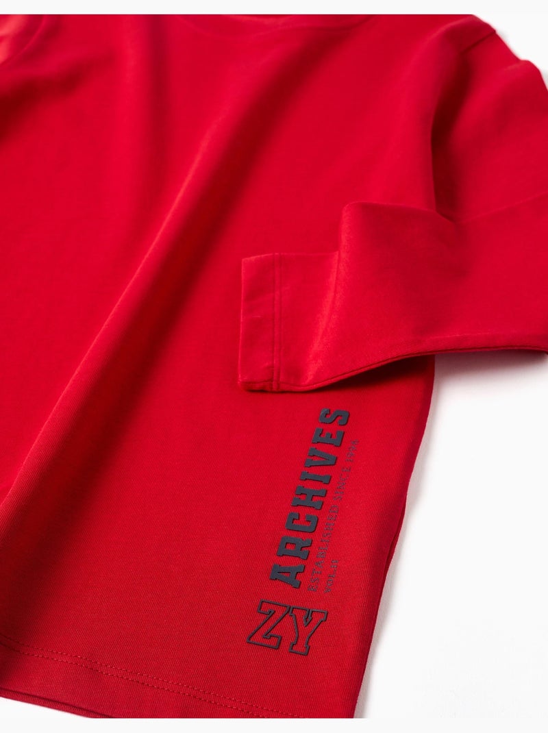 T-shirt en coton à manches longues avec imprimé ZY Rouge - Kiabi