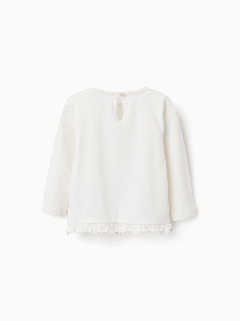 T-shirt en coton à manches longues avec ourlet volanté Blanc - Kiabi