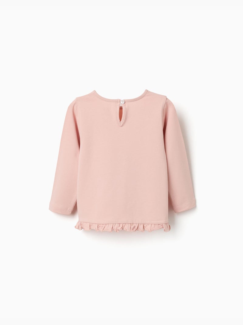 T-shirt en coton à manches longues avec ourlet volanté Rose clair - Kiabi