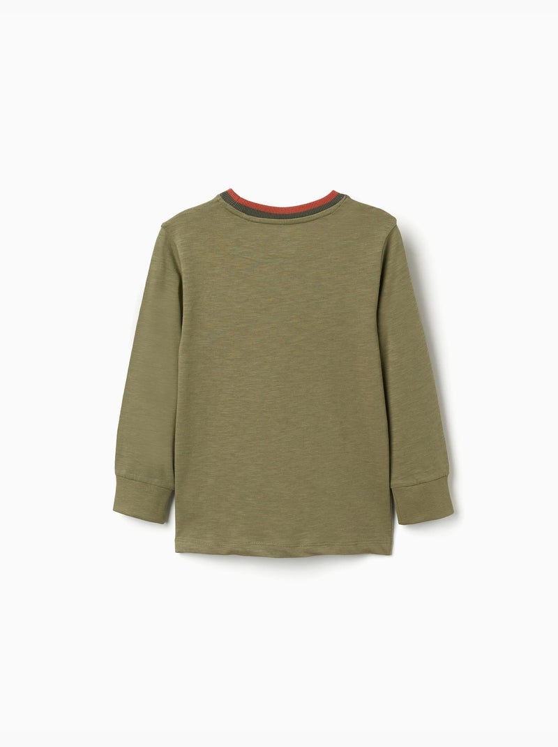 T-shirt en coton à manches longues et broderie Cactus Garden Vert foncé - Kiabi