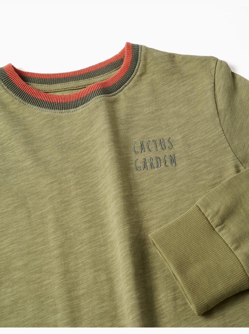 T-shirt en coton à manches longues et broderie Cactus Garden Vert foncé - Kiabi