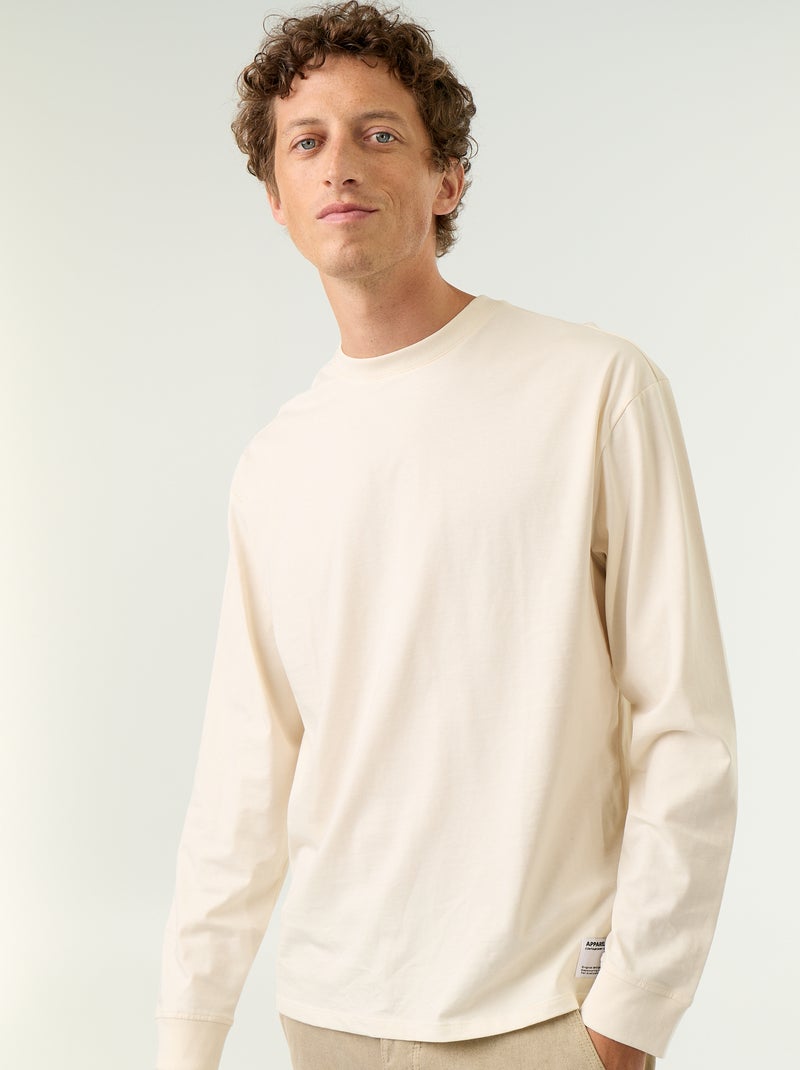 T-shirt en coton à manches longues et col rond Blanc - Kiabi