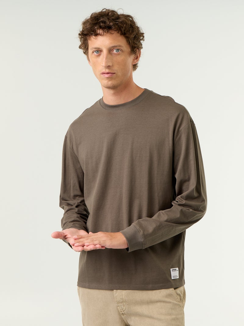 T-shirt en coton à manches longues et col rond Kaki - Kiabi
