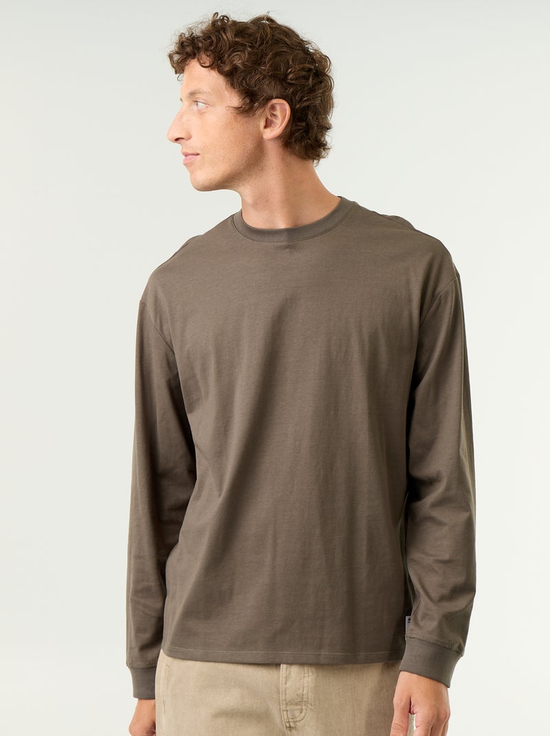 T-shirt en coton à manches longues et col rond Kaki - Kiabi