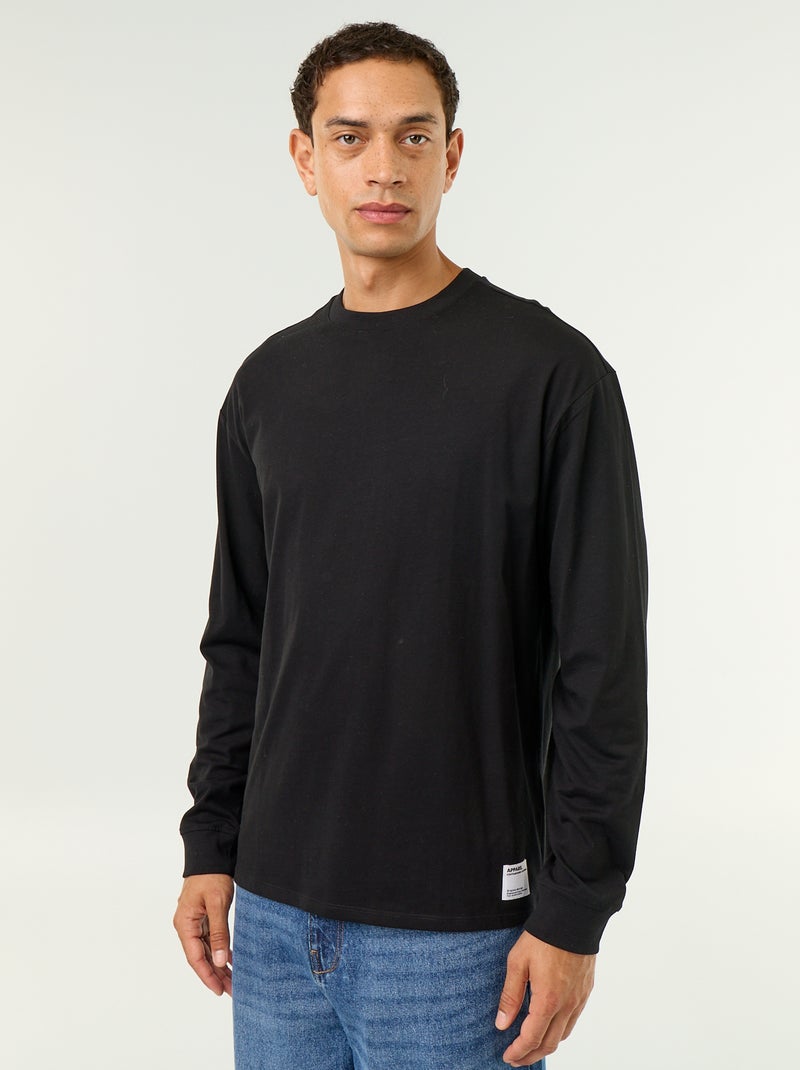T-shirt en coton à manches longues et col rond Noir - Kiabi