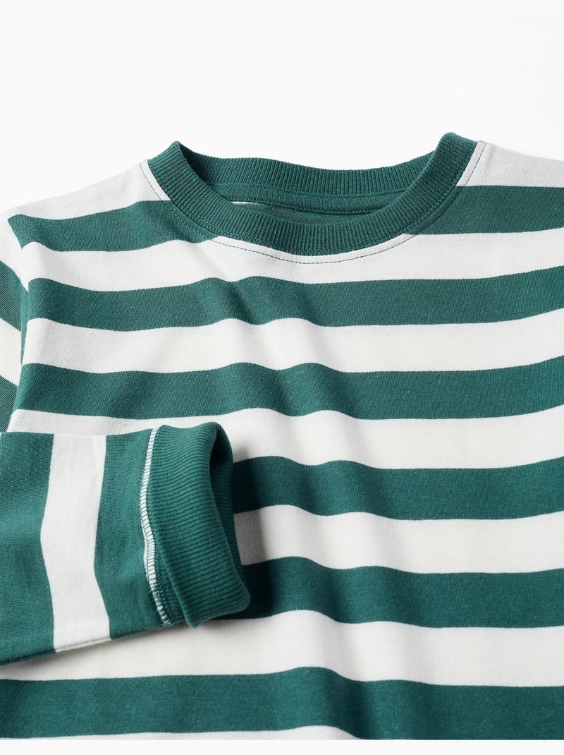 T-shirt en coton à manches longues et rayures Vert foncé - Kiabi