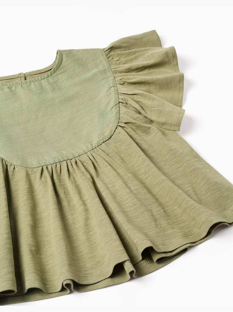 T-shirt en coton à manches volantées Vert foncé - Kiabi