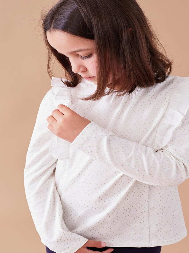 T-shirt en coton à pois et volants, Blanc - Kiabi