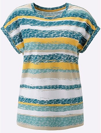 T-shirt en coton à rayures et encolure ronde avec mancherons - Taille standard - Moda Vilona
