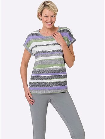 T-shirt en coton à rayures et encolure ronde avec mancherons - Taille standard - Moda Vilona