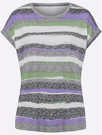T-shirt en coton à rayures et encolure ronde avec mancherons - Taille standard - Moda Vilona