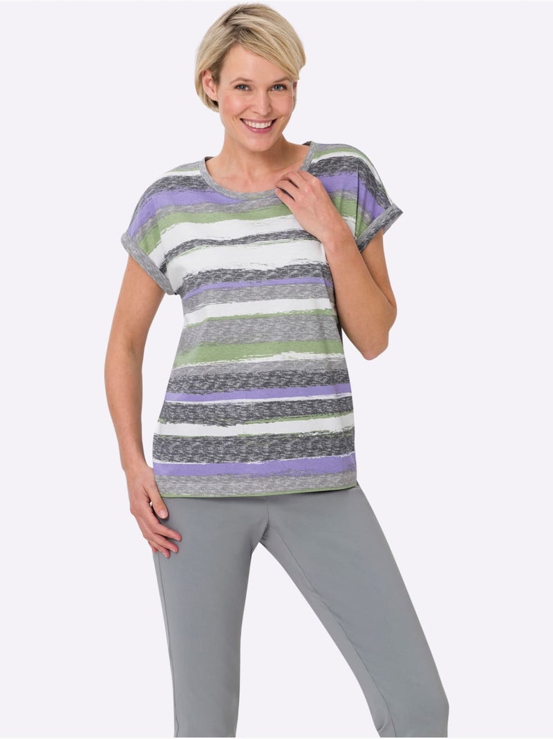 T-shirt en coton à rayures et encolure ronde avec mancherons - Taille standard - Moda Vilona gris anthracite - Kiabi