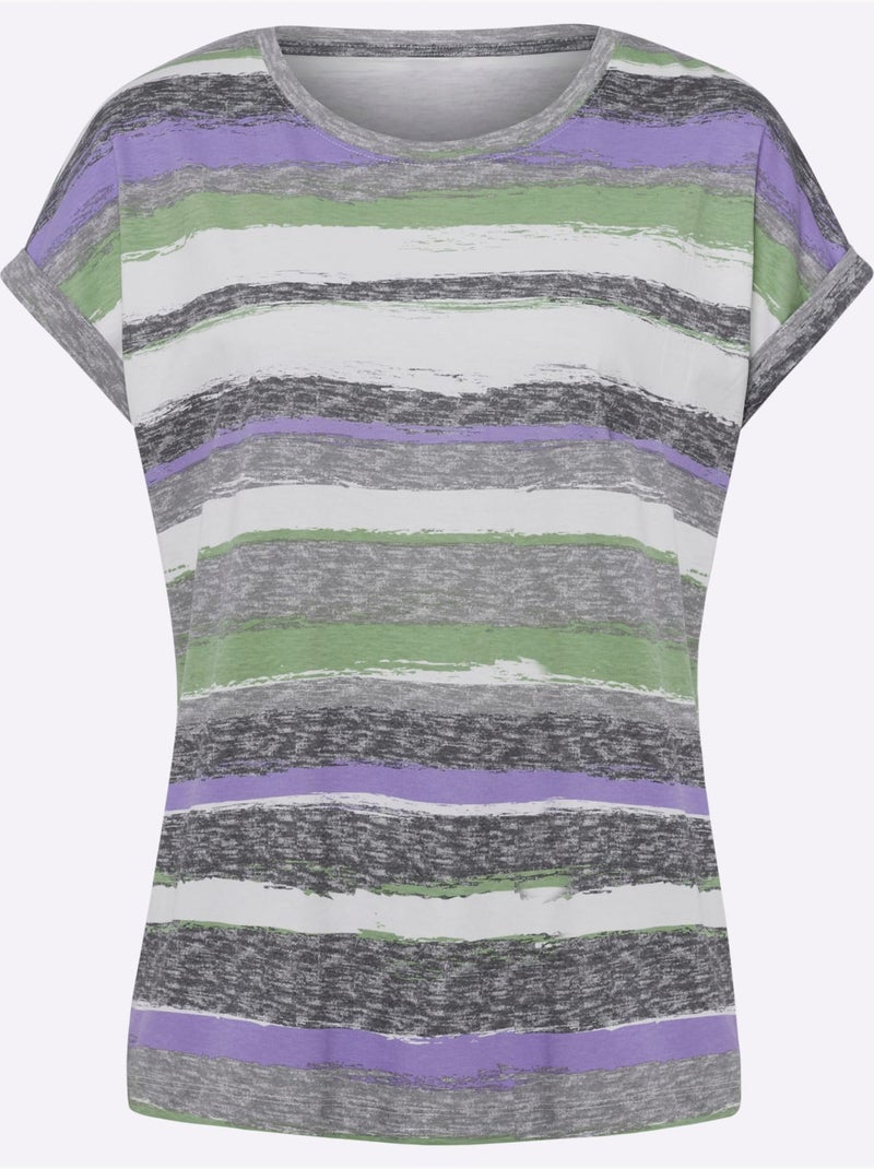 T-shirt en coton à rayures et encolure ronde avec mancherons - Taille standard - Moda Vilona gris anthracite - Kiabi