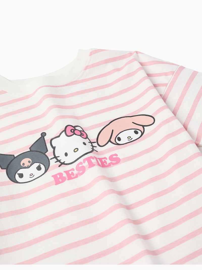 T-shirt en coton à rayures et imprimé Besties Rose clair - Kiabi