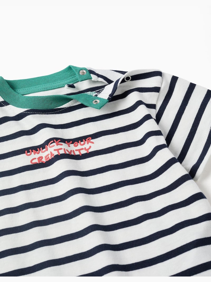 T-shirt en coton à rayures et imprimé Blanc - Kiabi