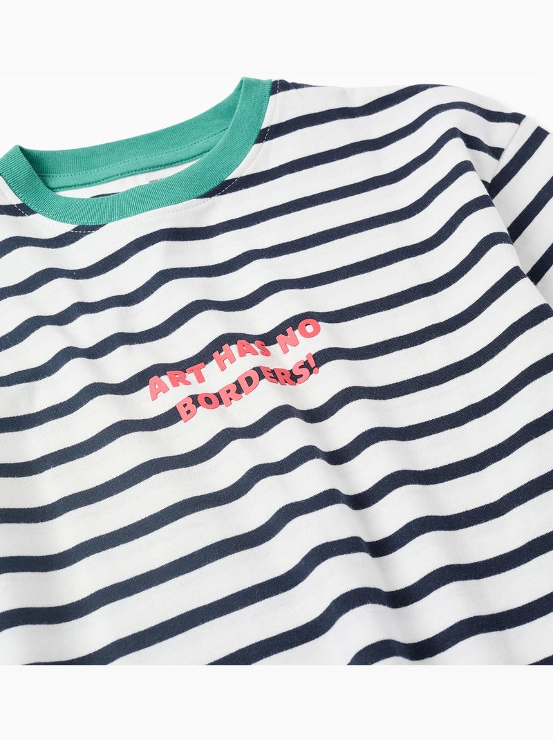 T-shirt en coton à rayures et imprimé Blanc - Kiabi