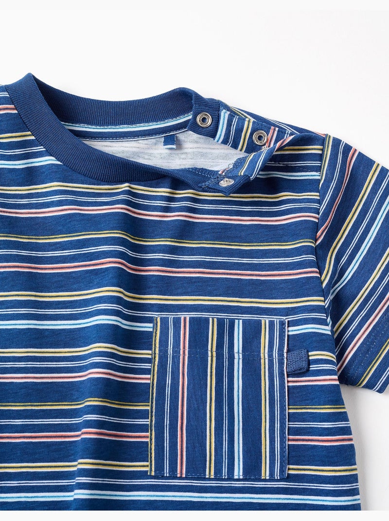 T-shirt en coton à rayures et poche poitrine Bleu foncé - Kiabi