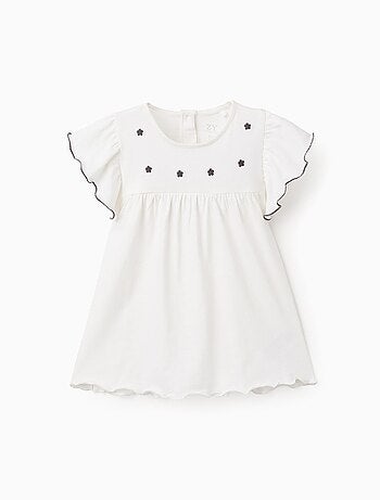 T-Shirt en Coton à Volants et Broderie de Fleurs