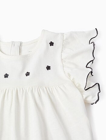 T-Shirt en Coton à Volants et Broderie de Fleurs