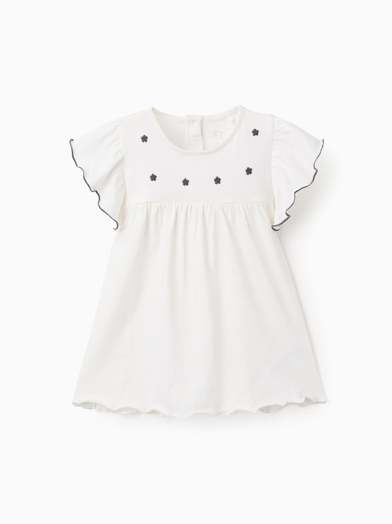 T-Shirt en Coton à Volants et Broderie de Fleurs Blanc - Kiabi