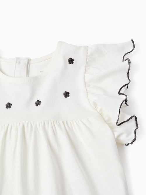 T-Shirt en Coton à Volants et Broderie de Fleurs - Kiabi