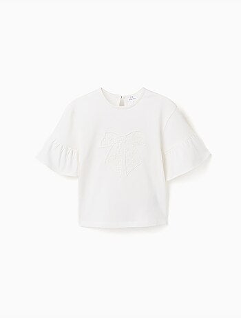 T-shirt en coton à volants et nœud brodé