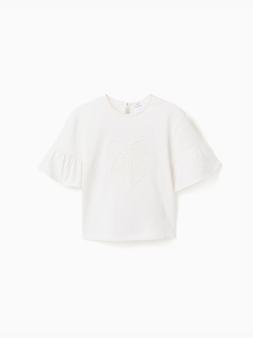 T-shirt en coton à volants et nœud brodé - Kiabi
