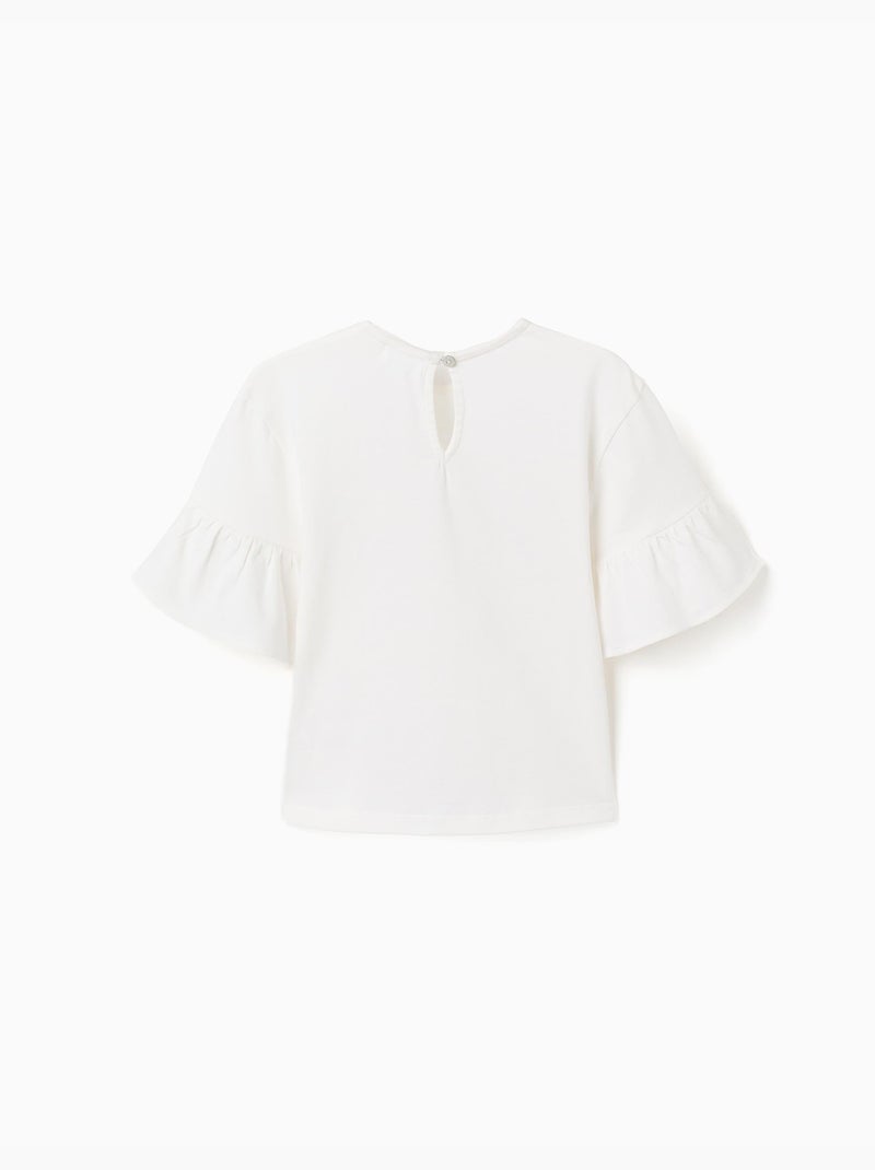 T-shirt en coton à volants et nœud brodé Blanc - Kiabi