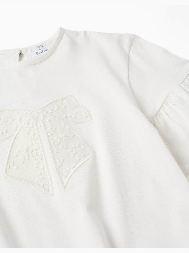 T-shirt en coton à volants et nœud brodé Blanc - Kiabi