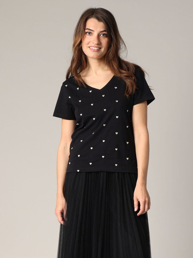 T-shirt en coton avec cœurs brodés 'Deeluxe' Noir - Kiabi