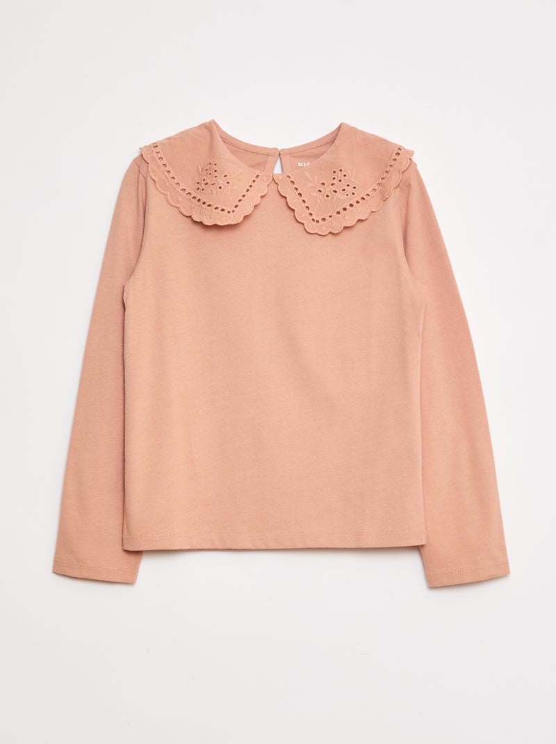 T-shirt en coton avec col brodé Rose - Kiabi