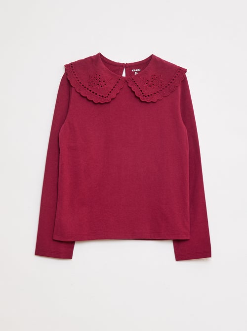 T-shirt en coton avec col brodé - Kiabi