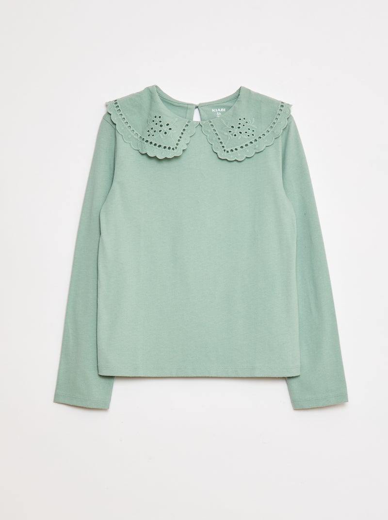 T-shirt en coton avec col brodé Vert - Kiabi