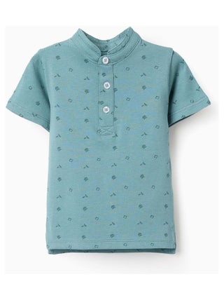 T-SHIRT en Coton avec Col Mao et Motif