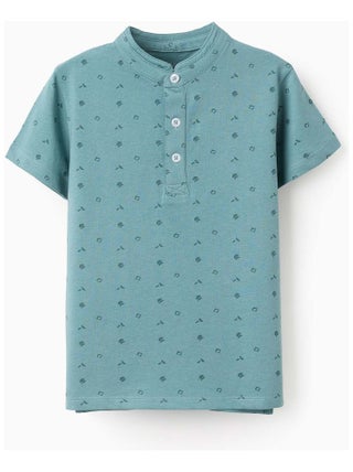 T-SHIRT en Coton avec Col Mao et Motif