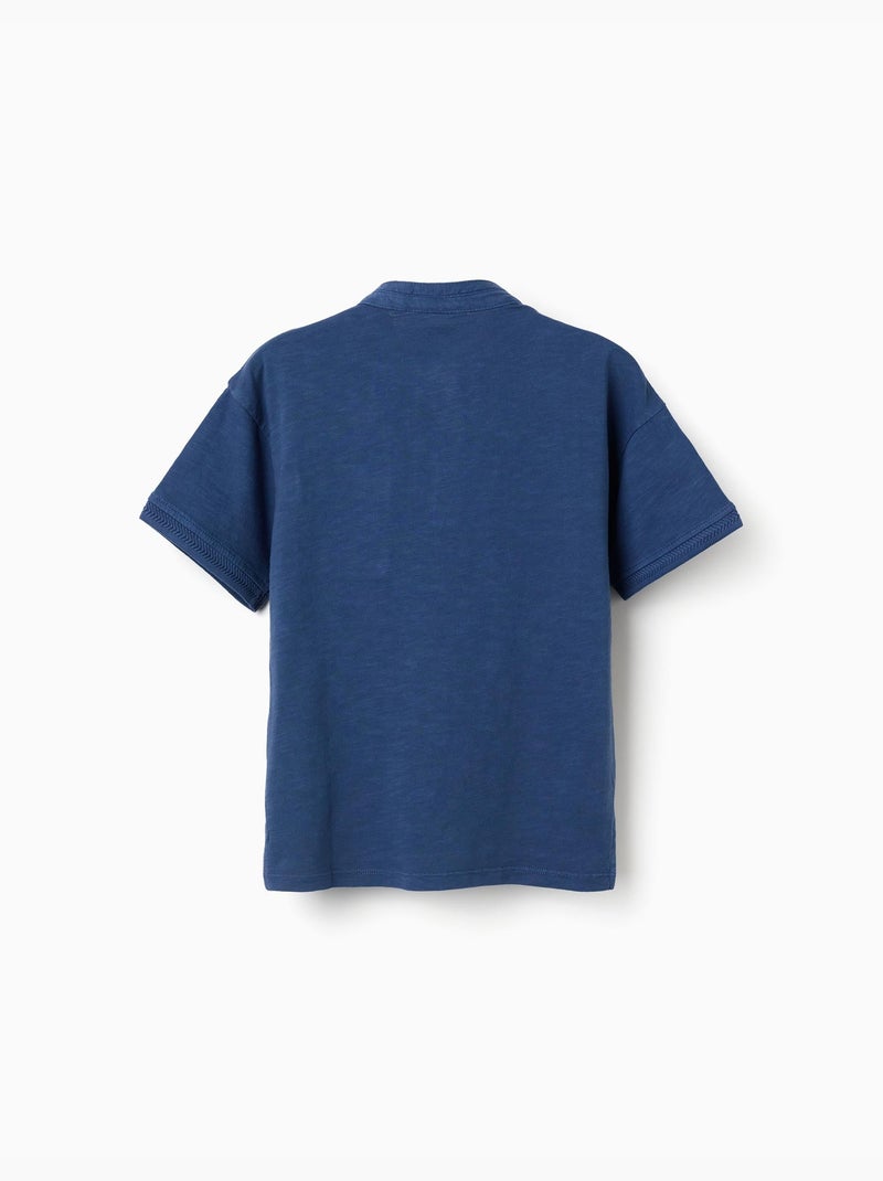 T-shirt en coton avec col mao et poche Bleu foncé - Kiabi