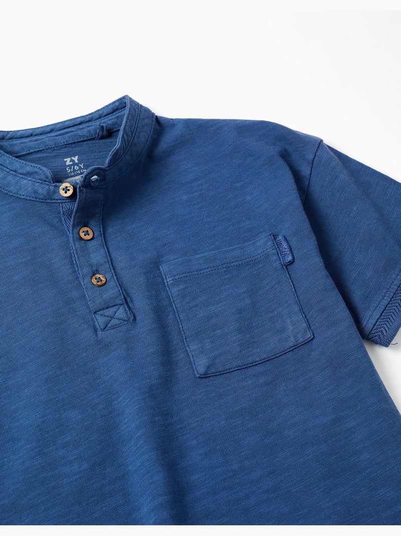T-shirt en coton avec col mao et poche Bleu foncé - Kiabi