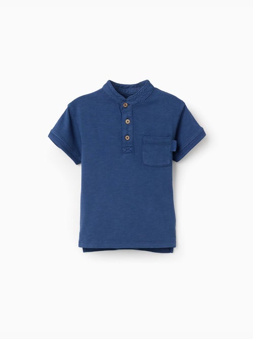 T-shirt en coton avec col mao et poche - Kiabi