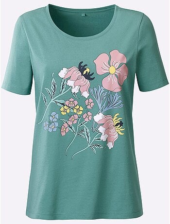T-shirt en coton avec col rond à manches courtes et imprimé floral - Taille standard - Moda Vilona